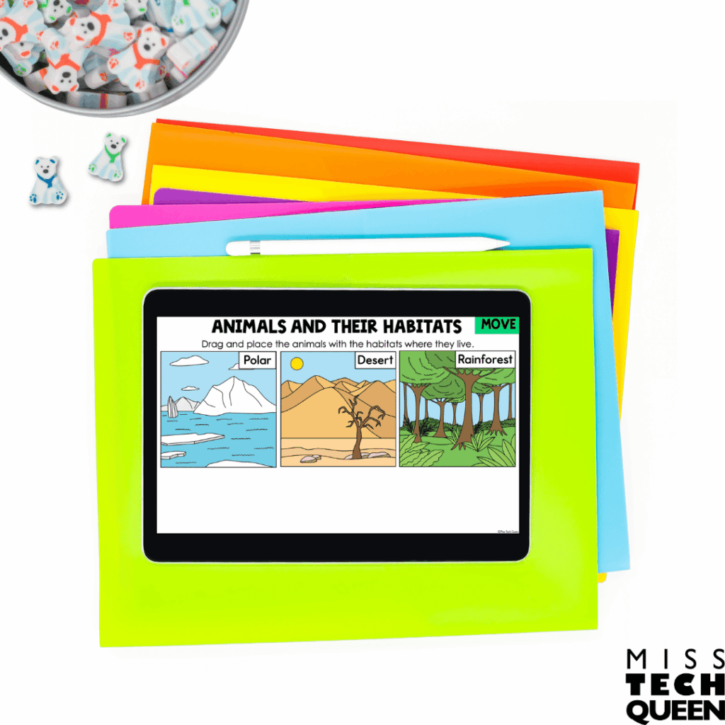 Students are given the task of matching animals such as the Snowy Owl, Polar Bear, and Reindeer to the polar habitat. 