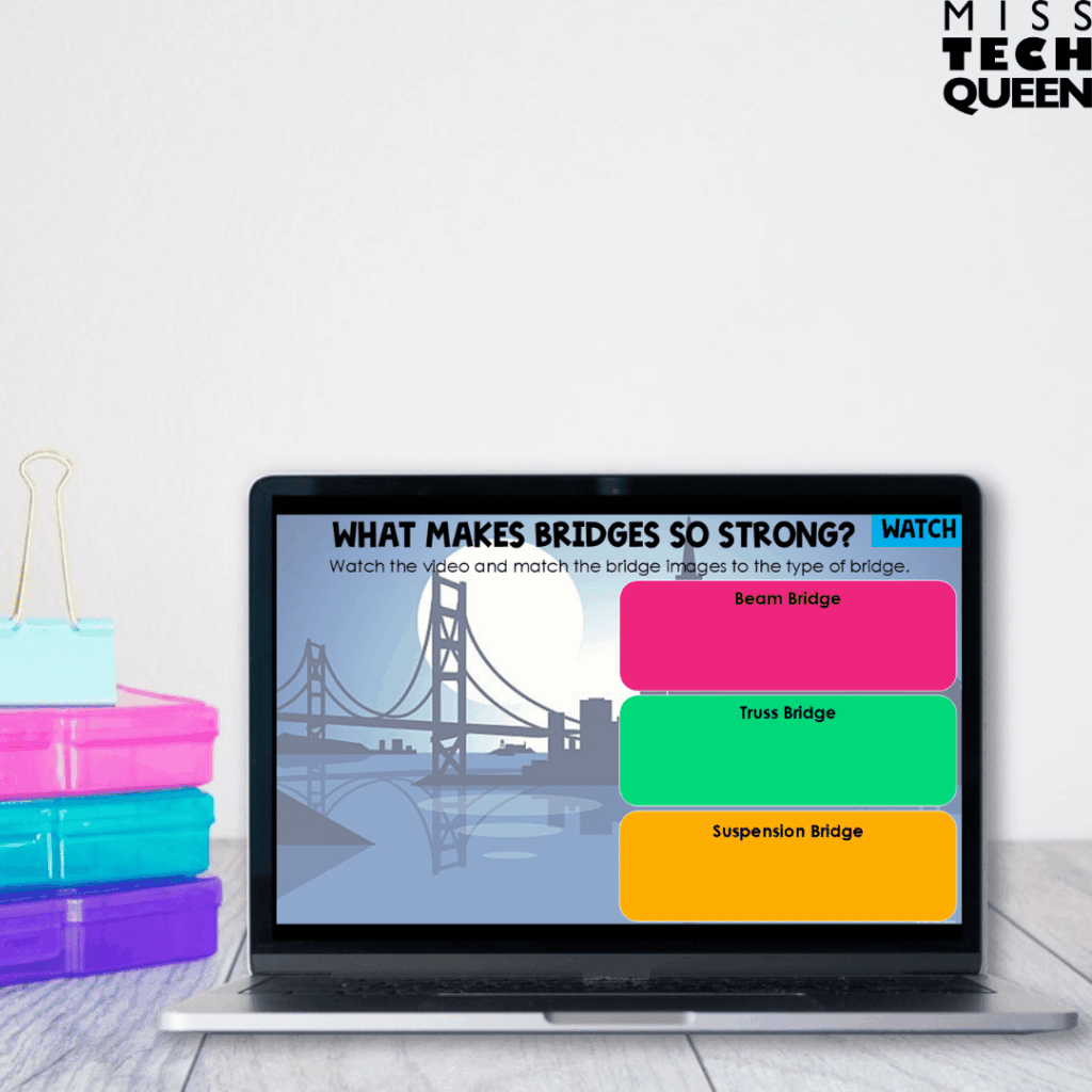 As students begin working through the challenges, they explore what a bridge actually is and why it is so important. They learn that bridges are structures that allow people and vehicles to cross over open spaces.