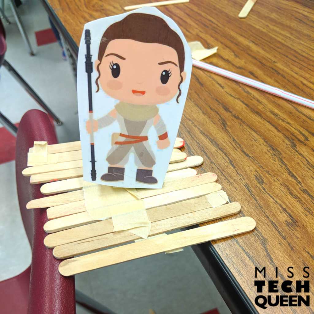 This bridge building Star Wars Day STEM challenge is fun to use with laminated Rey and Finn characters to use to cross the bridge. A great activity for May the fourth