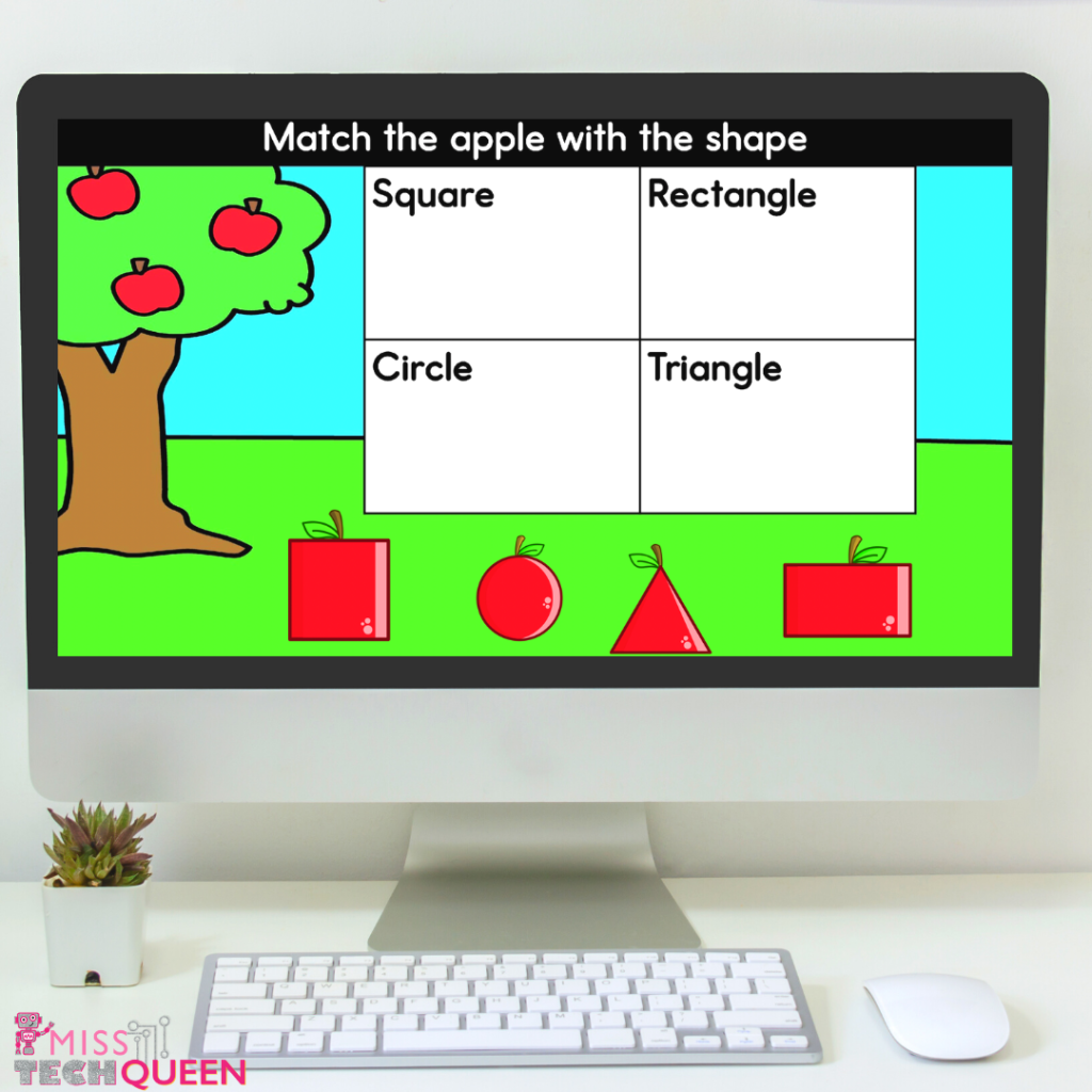 A shape sorting activity like this helps your students with mouse practice by giving them the opportunity to manipulate objects on a screen by clicking and dragging.