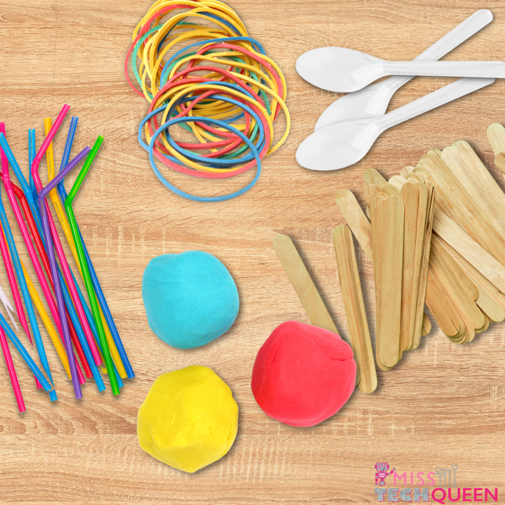 Grab simple materials like toilet paper rolls, popsicle sticks, playdough, straws, tape, and rubber bands to kick off your football STEM project.