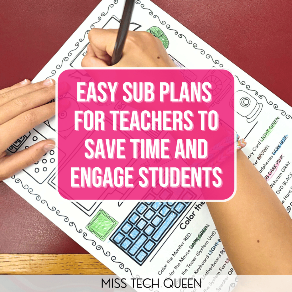 This image says, "Easy Sub Plans for Teachers to Save Time and Engage Students" and includes a photo of a student completing a low-prep STEM themed worksheet.