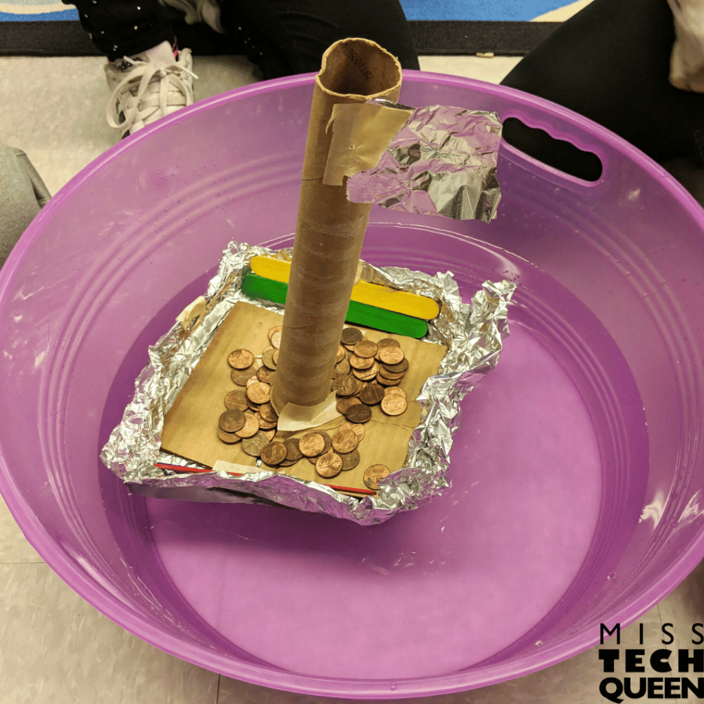 This image shows easy stem activities that students use to celebrate St. Patrick's Day. In this photo, a student is testing out a boat they made to see if it can hold "gold" without sinking.