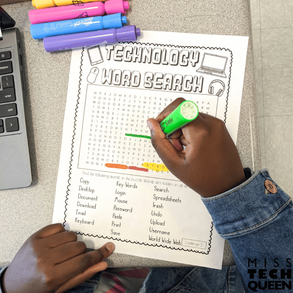 In this photo, a student is completing a technology themed word search using highlighters. This activity is engaging to students, but simple to to prepare, making it perfect for your sub plans!