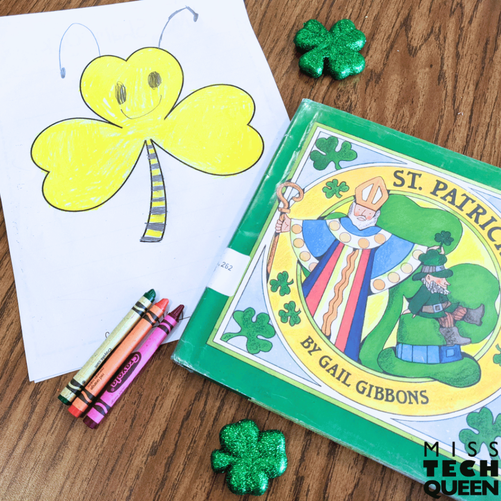 This images features the book "St. Patrick's Day" by Gail Gibbons and an example of the "hide the shamrock" activity. In the example, a student turned a shamrock into a bee.