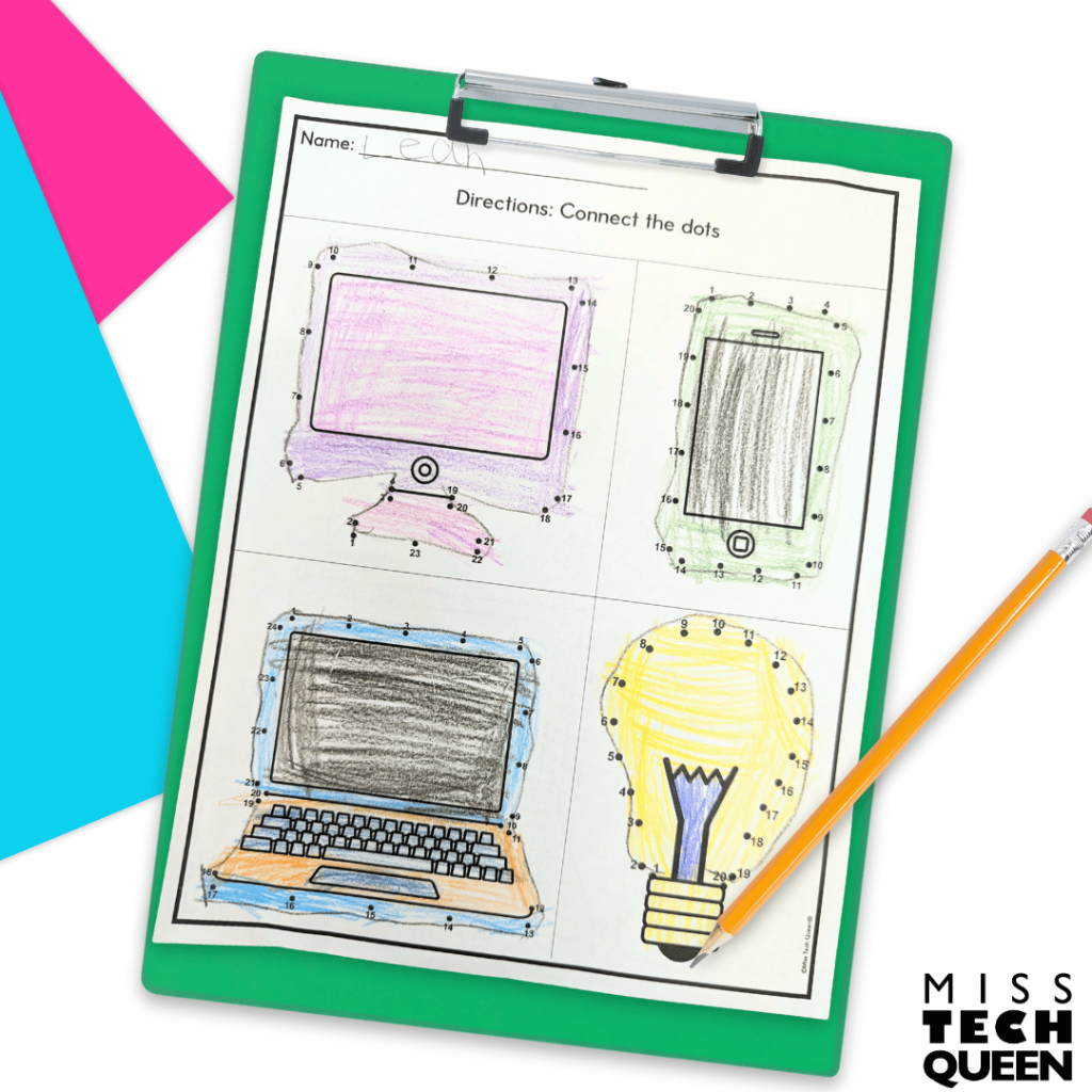 This image shows a simple activity that is perfect to use in your sub plans! Students can connect the dots to make outlines for technology like cell phones, light bulbs and laptops.