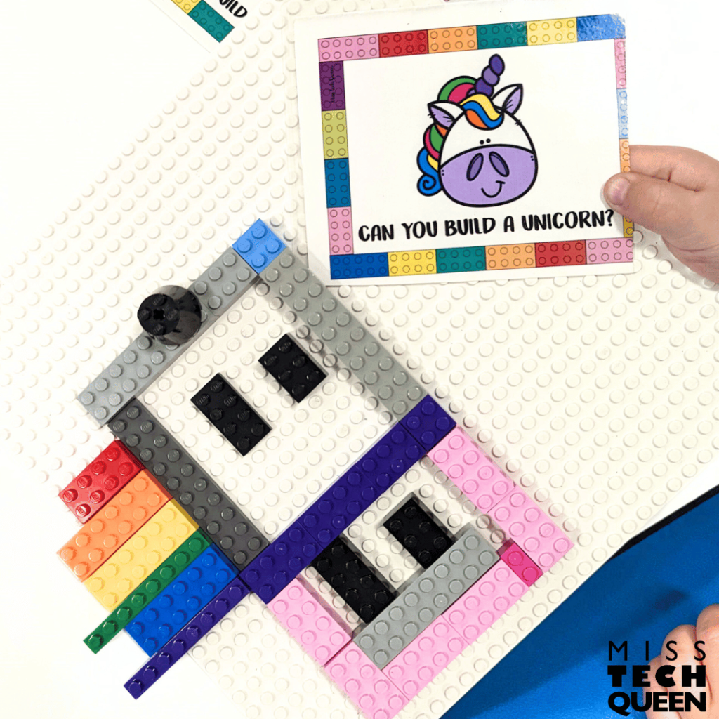 This image shows a spring task card activity that is perfect to use in your  lessons for teachers in STEM classrooms. Students can use legos or other blocks to build the image on the task card. In the example, a student is building a unicorn using legos.