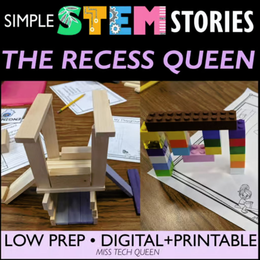 The Recess Queen is the perfect book for pairing STEM and language arts, who doesn't love recess? Students will complete task cards that guide them through this process step-by-step to create brand-new playground equipment. 