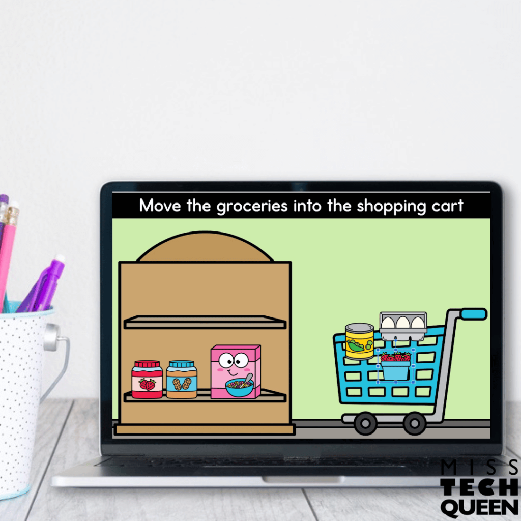 Using the digital activity in this image, students will practice drag-and-drop skills by taking grocery items from the shelf and putting them in the shopping cart.