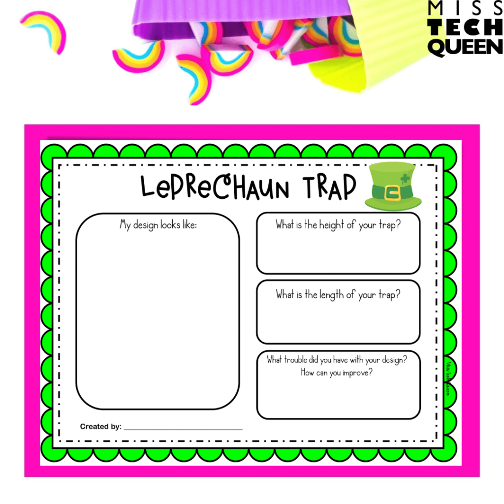 Using the response sheet to draw and label designs is a great way for students to share their ideas for their leprechaun traps.