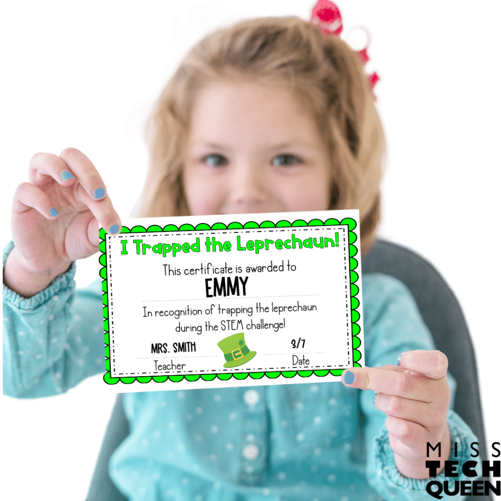 Giving students a certificate for creativity of trapping a leprechaun is a great way to end this free St. Patrick's Day activity.