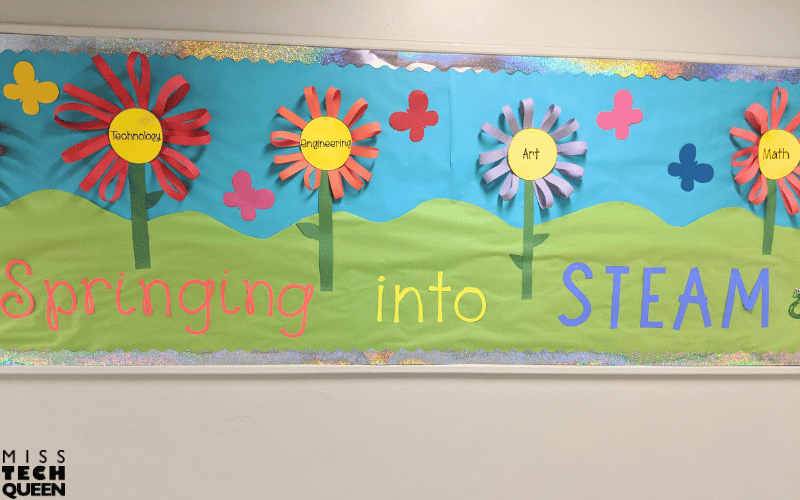 My Springing Into STEAM bulletin board connects seasonal energy with academic content in Spring.
