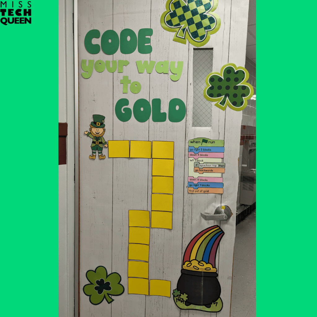 My Code Your Way to Gold St. Patrick’s board brings coding into our seasonal displays. 