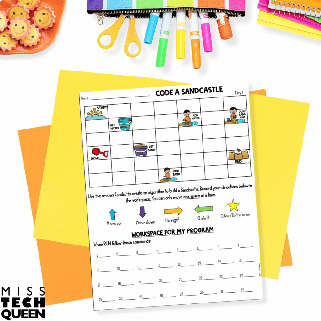 The How to Code a Sandcastle activity introduces students to computer science concepts like sequencing and algorithms.