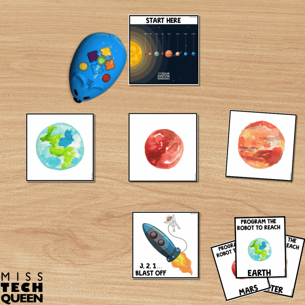 Planet coding mats can be used with robots and help students practice sequencing and problem-solving.